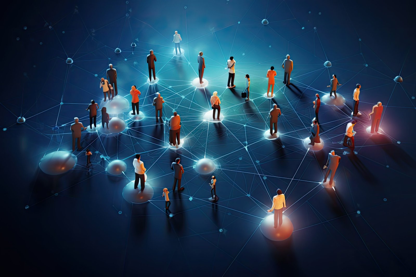 Social network concept with 3d people on dark blue background. 3D rendering, Network community, Teamwork, and Social network Concept illeastration, AI Generated